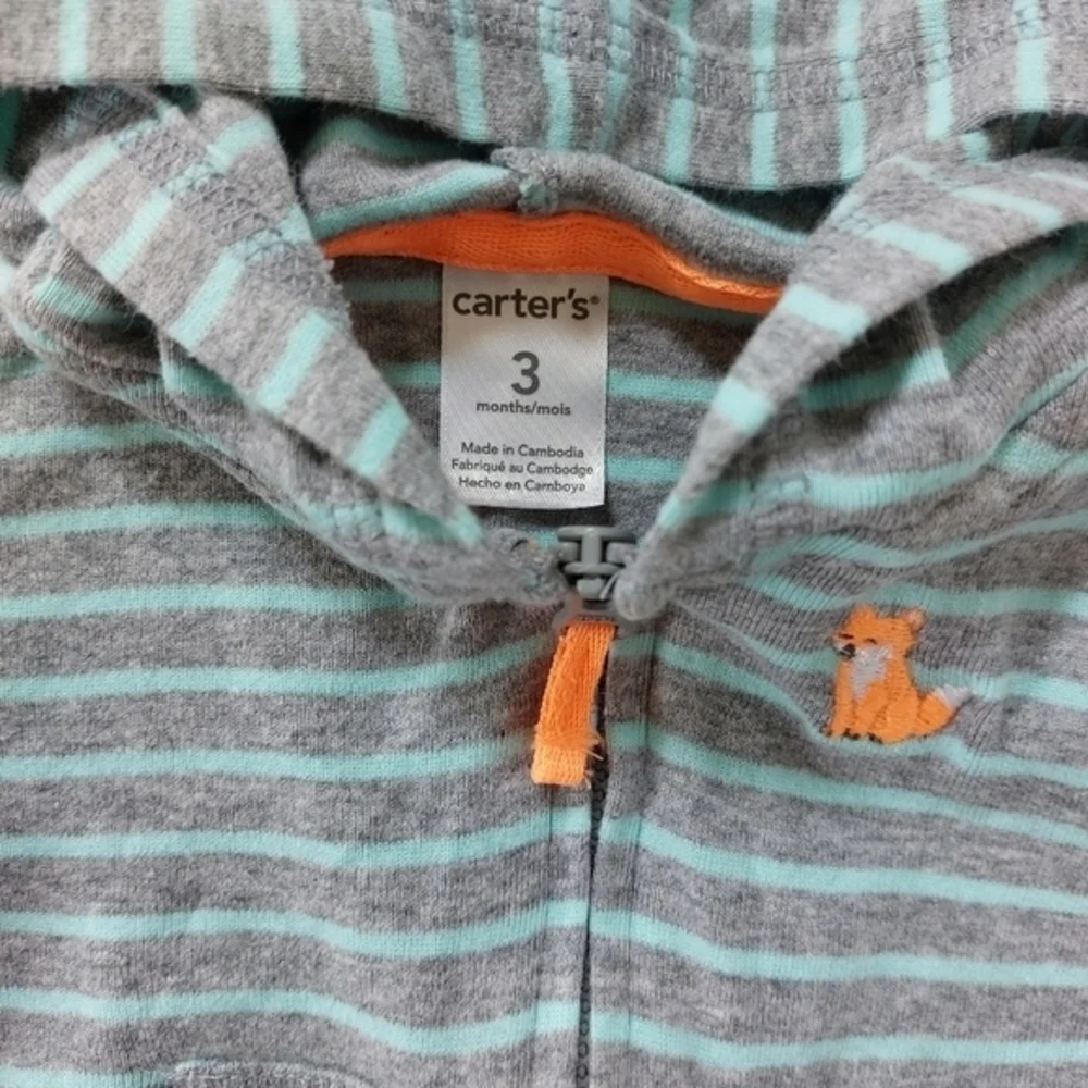 Grey and Aqua Striped Hoodie with Fox Carters‎ 3 month infant
